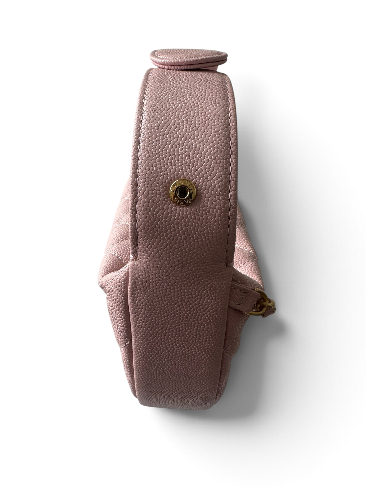 SWORD LUXURY pembe kapitone deri mini hobo çanta, altın metal detaylı ve şık kavisli sap tasarımı.