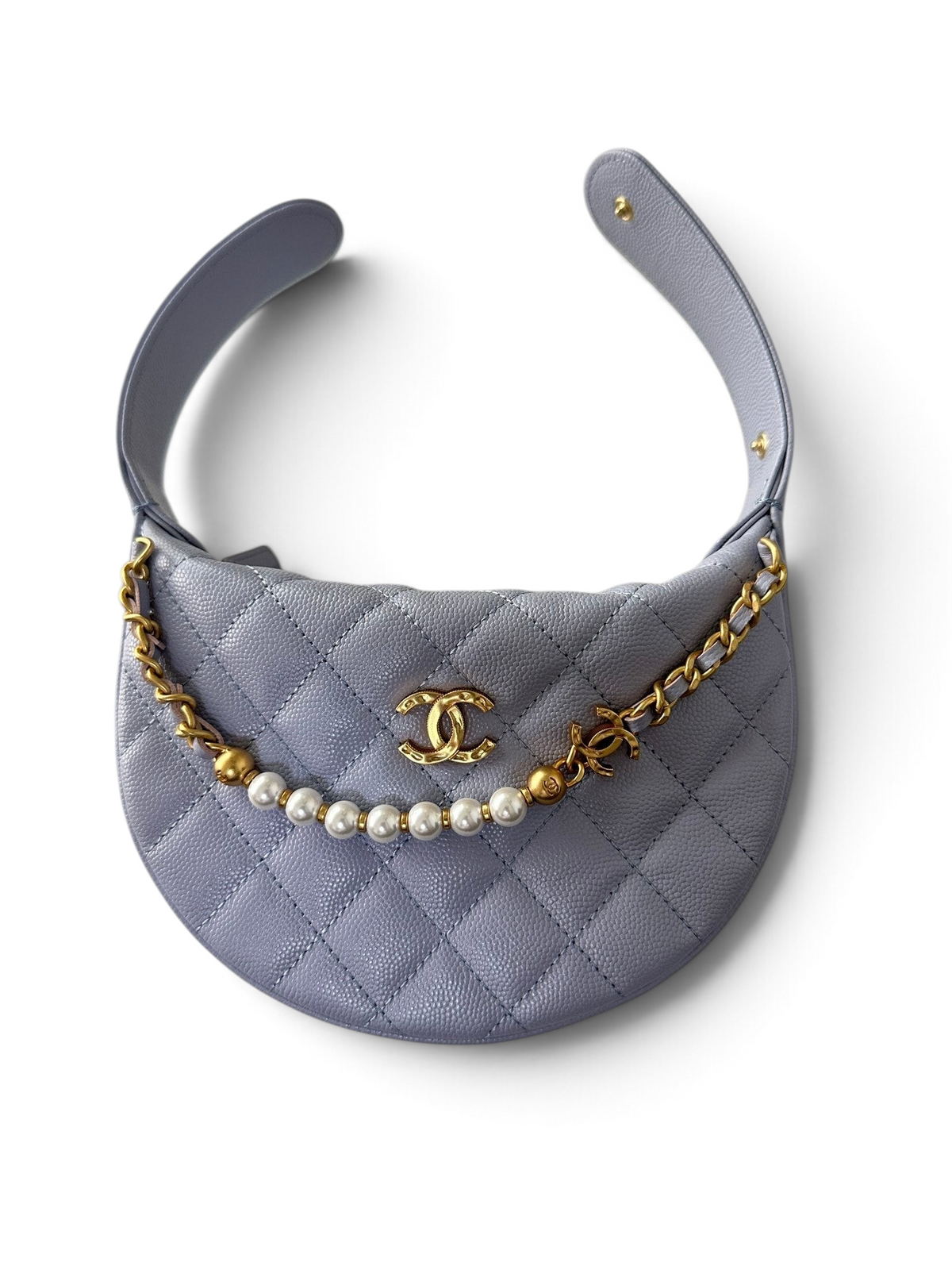 SWORD LUXURY lila rengi, kapitone desenli, inci detaylı zincir askılı ve altın donanımlı deri mini hobo çanta