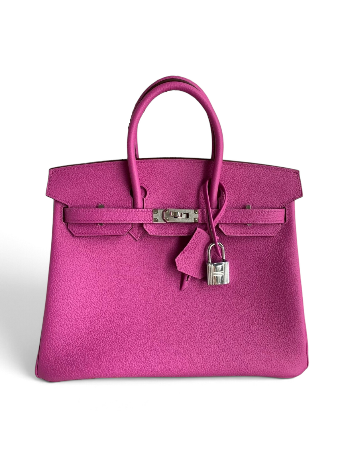 SWORD LUXURY marka, fuşya rengi Togo deri Hermès Birkin 25cm çanta, gümüş donanım ve kilit detaylı.