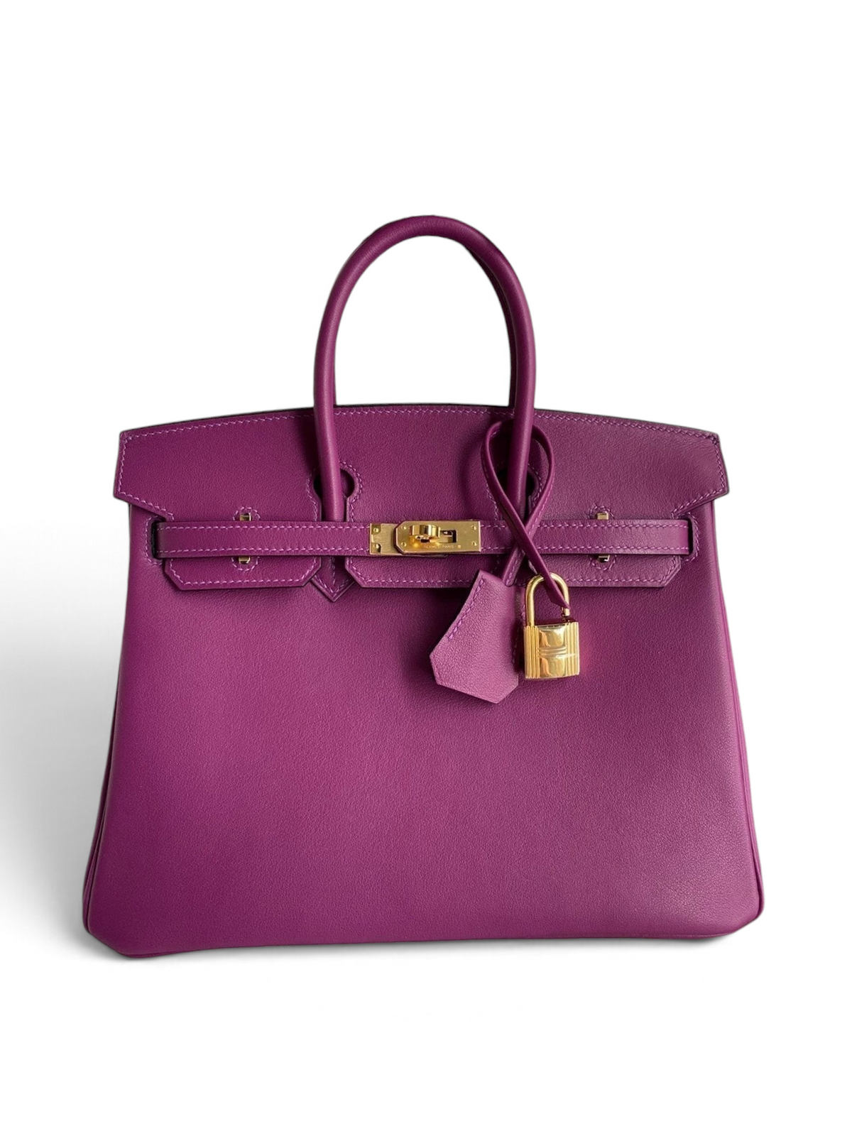 SWORD LUXURY marka, mor Swift dana derisi Hermès Birkin 25cm çanta, altın rengi donanım ve kilit detaylı.