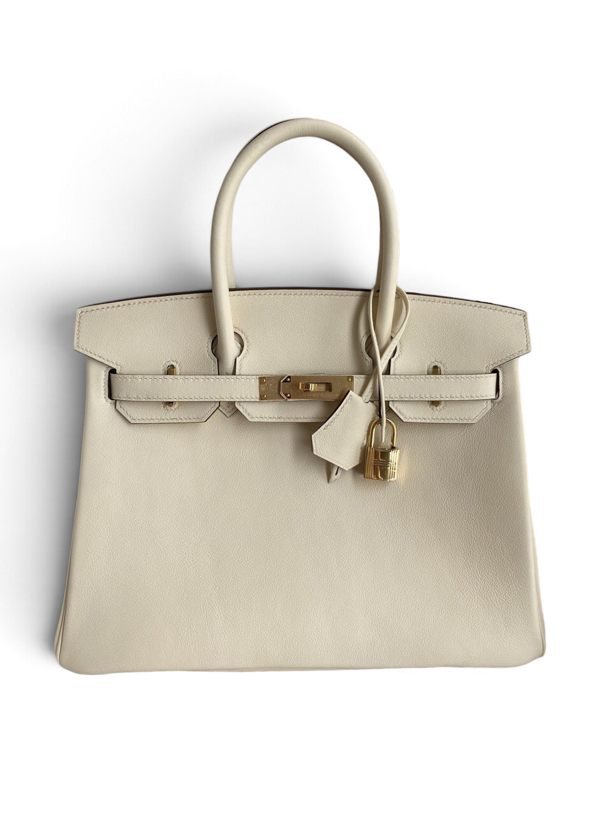 SWORD LUXURY imzalı, altın donanımlı, beyaz Swift dana derisi 25 cm Hermès Birkin çanta, kutusu içinde.