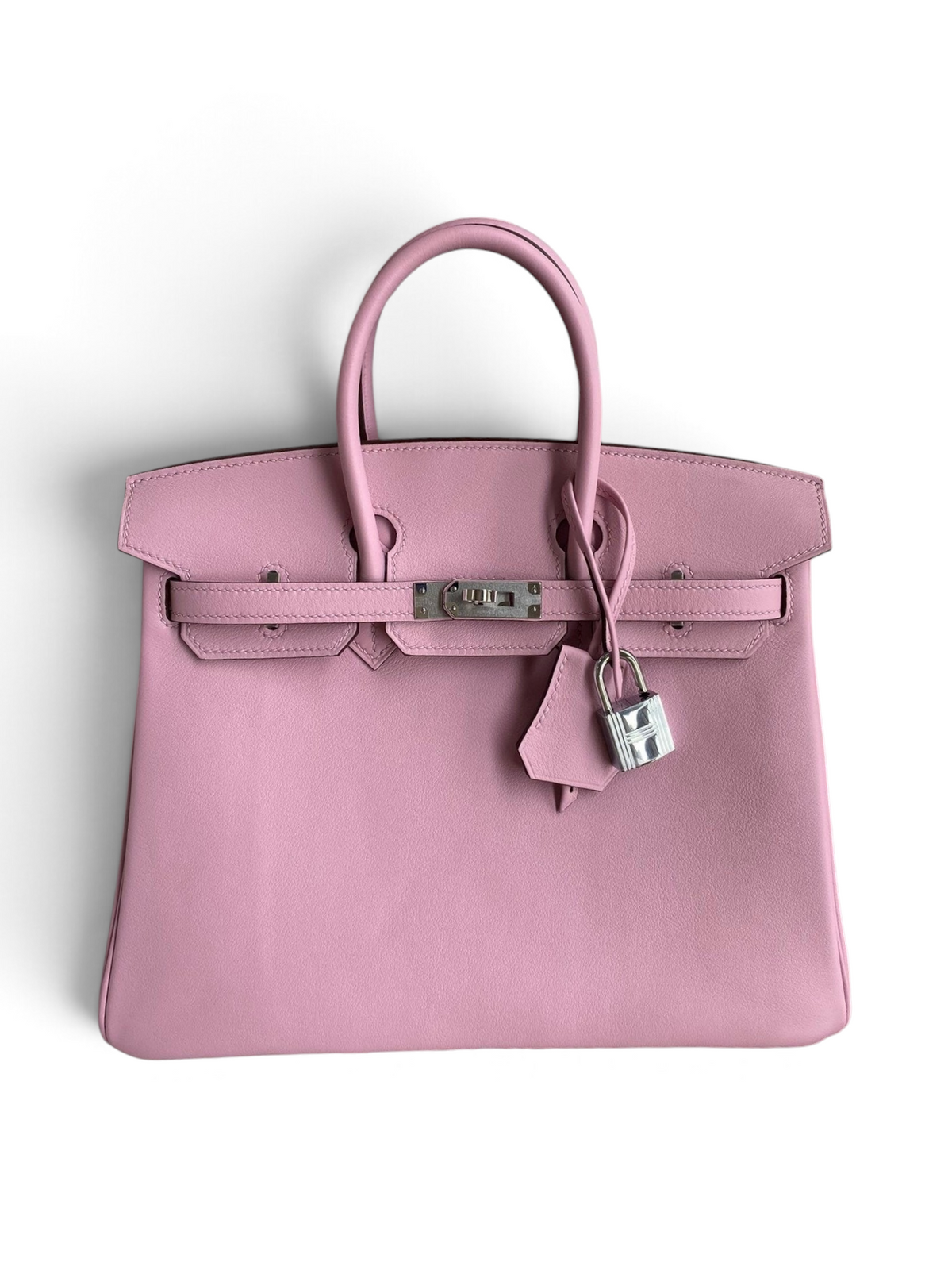 SWORD LUXURY marka pembe Swift dana derisi 25cm Birkin çanta, gümüş donanımlı, kutusunda ve toz torbası ile.