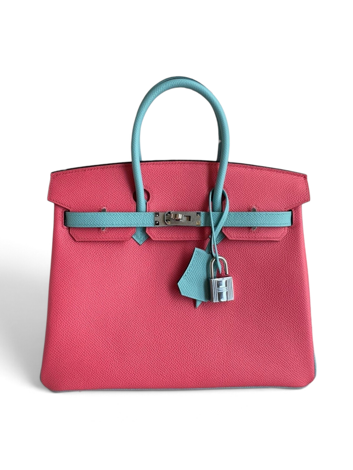 SWORD LUXURY marka, pembe ve açık mavi iki tonlu Epsom deri Hermès Birkin 25cm çanta, kutusunda kilit ve anahtarlı.