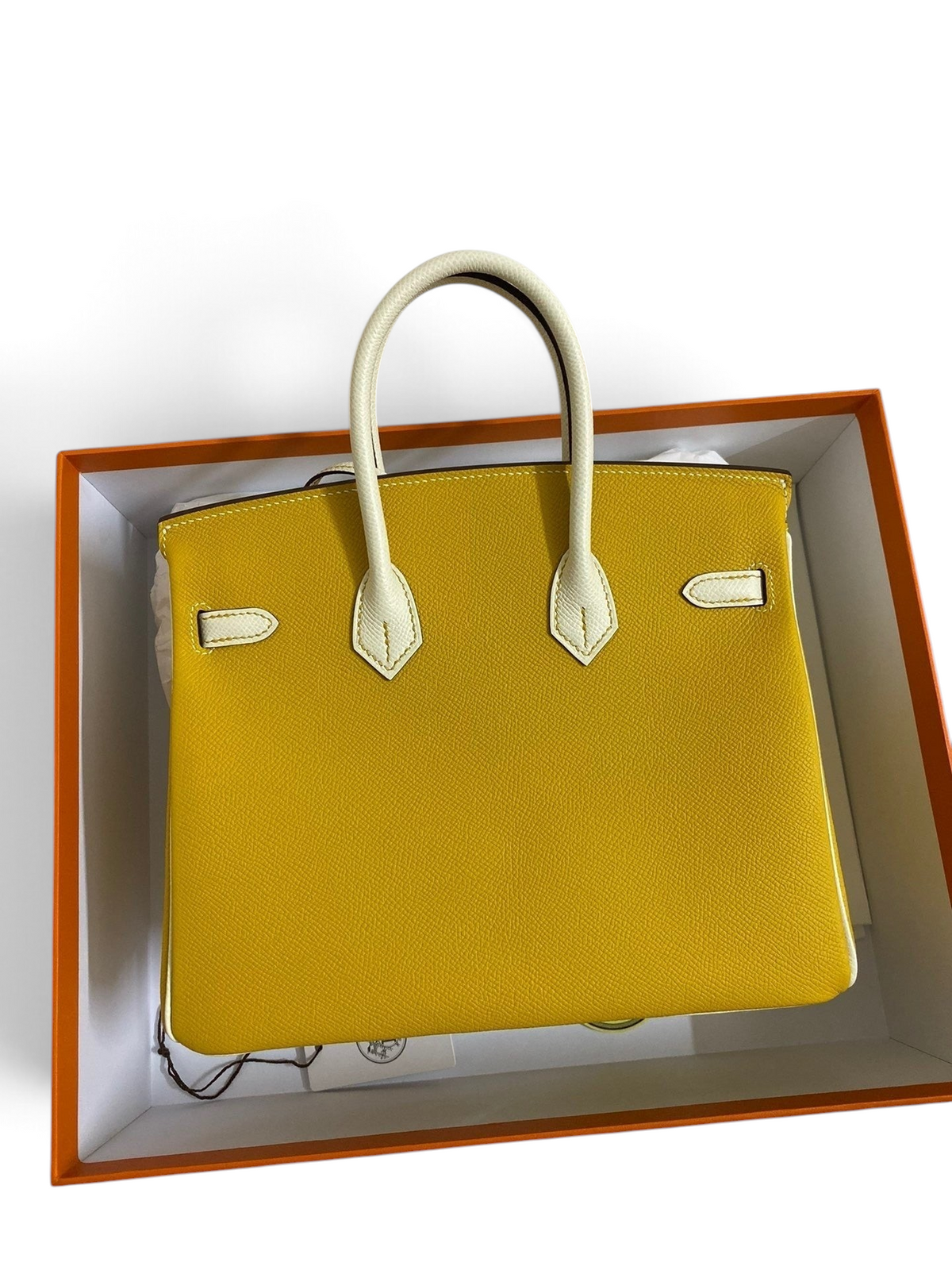 SWORD LUXURY marka, sarı ve beyaz iki tonlu, Epsom deriden üretilmiş 25 cm Hermès Birkin çanta, kutusunda.