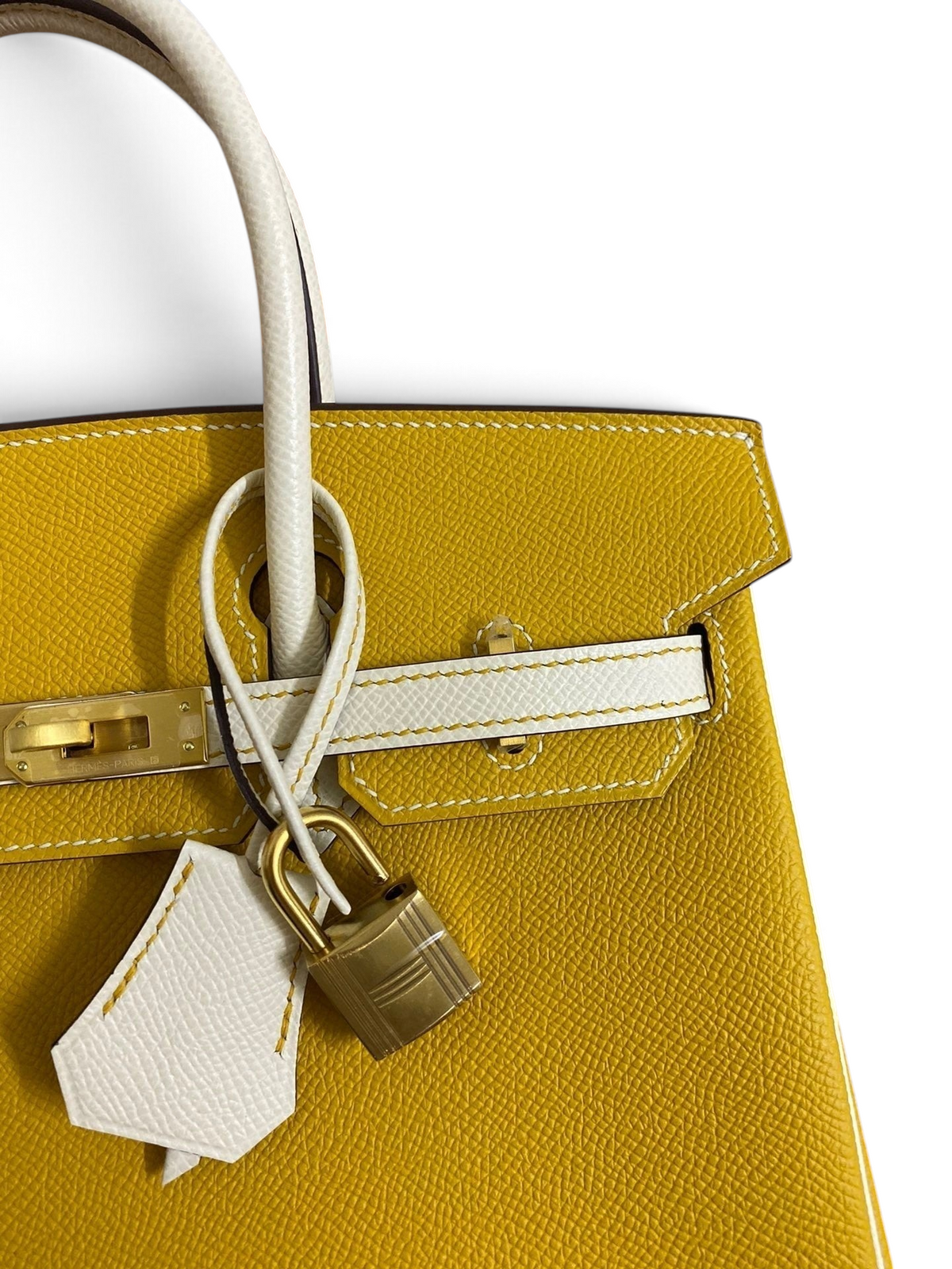 SWORD LUXURY sarı ve beyaz iki tonlu Epsom deri Hermès Birkin 25cm çanta, altın rengi kilit ve detaylar ile.