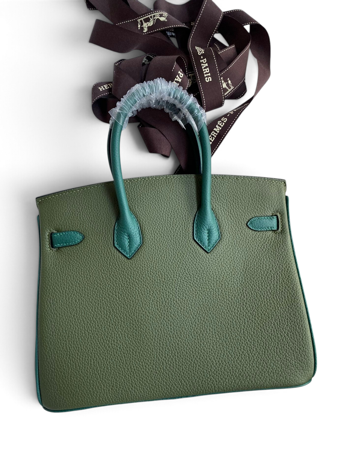 SWORD LUXURY marka, yeşil Togo deri Hermès Birkin 25cm çanta, kutusu ve kurdelesi ile birlikte.