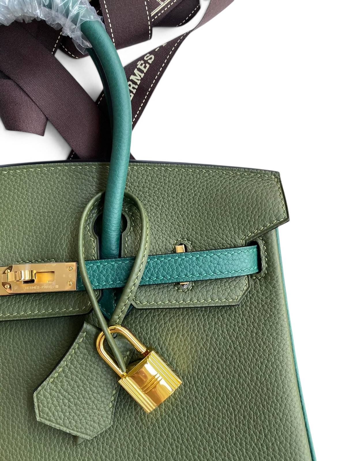 SWORD LUXURY marka, yeşil Togo deri Hermès Birkin 25cm çanta, altın rengi donanım ve kilit detaylı.