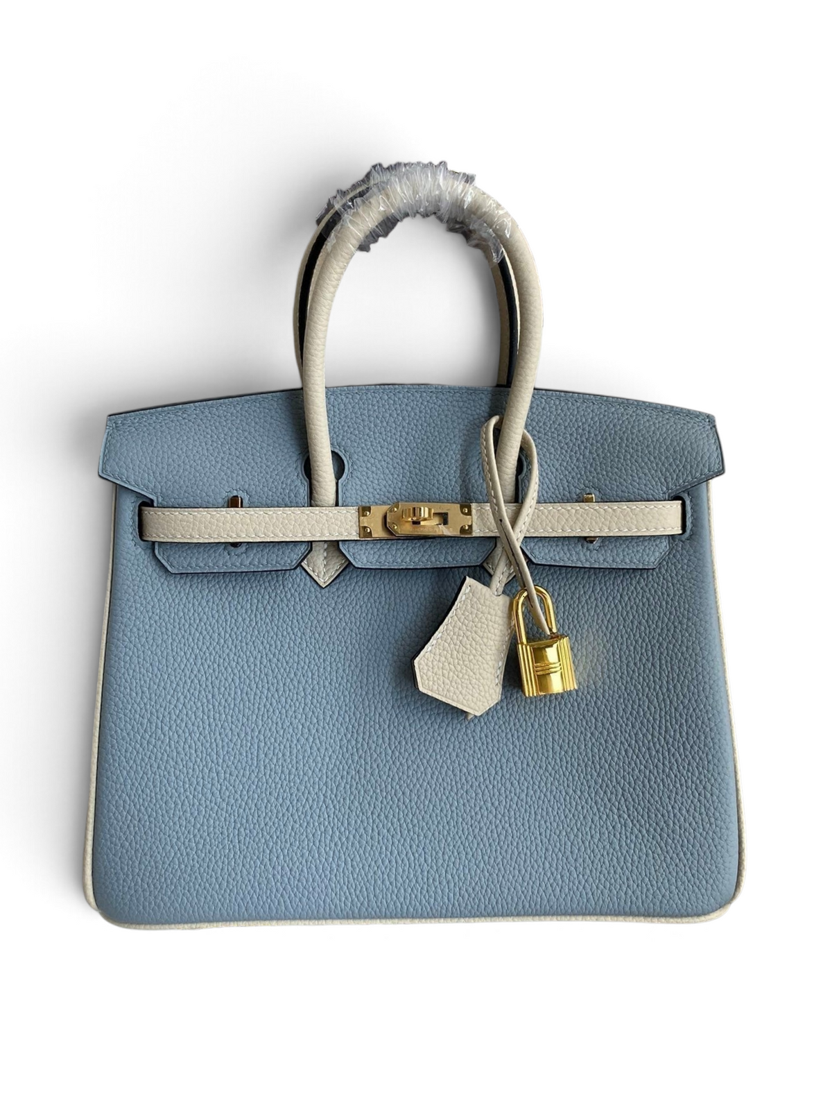 SWORD LUXURY marka, mavi ve beyaz renkli, Togo derisinden üretilmiş 25 cm Hermès Birkin çanta, altın donanımlı.