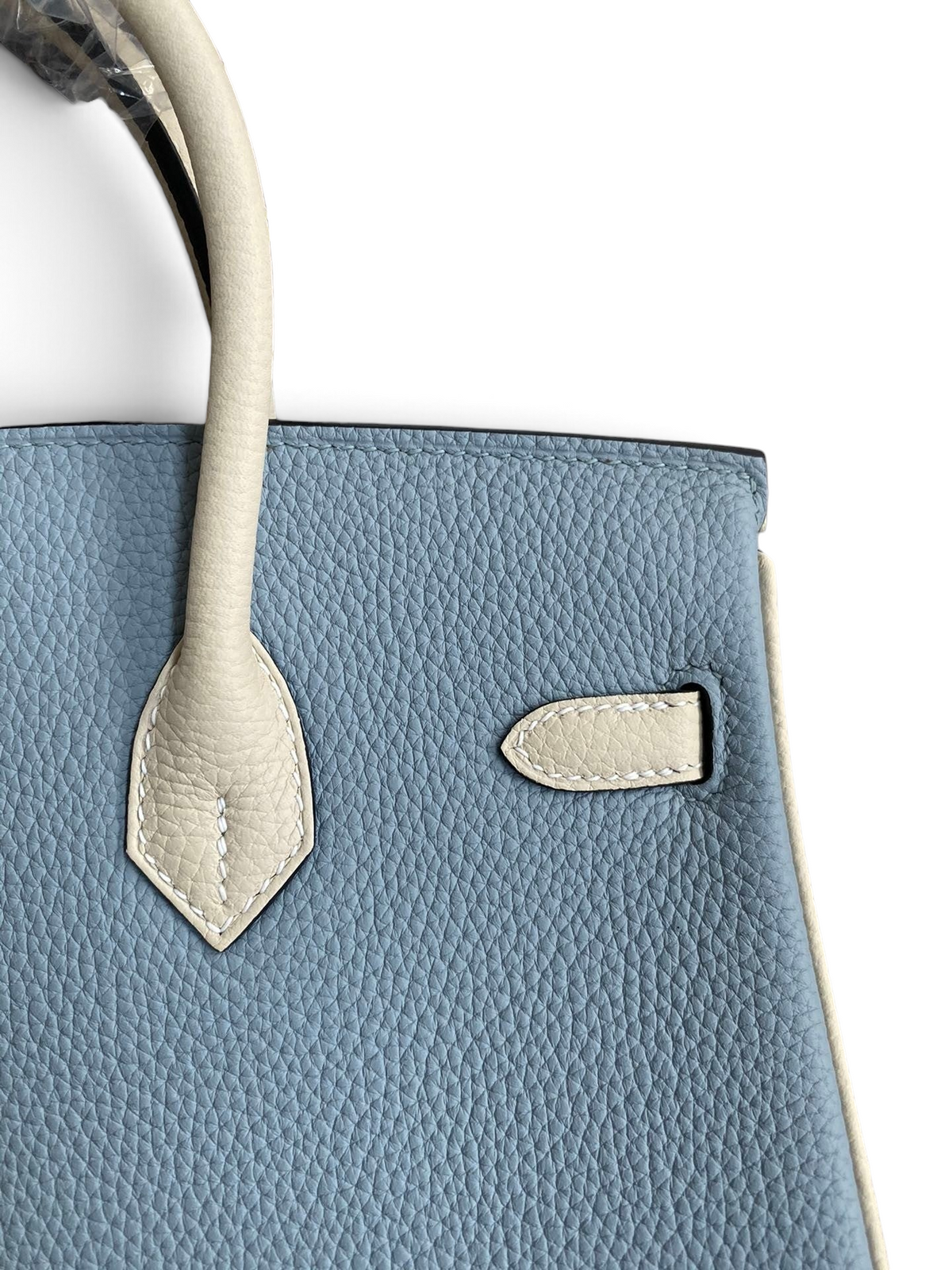 SWORD LUXURY marka, mavi ve krem renkli, dokulu Togo deri detaylı Hermès Birkin 25cm çanta.