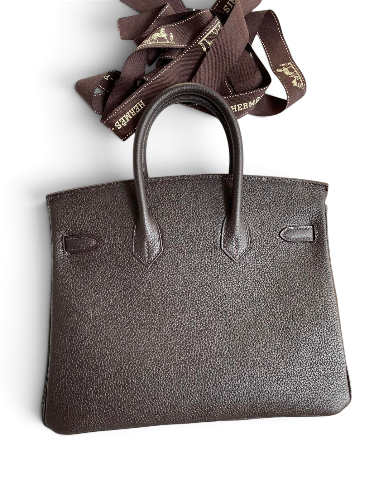 SWORD LUXURY marka, 25 cm boyutunda, kahverengi Togo deri Hermès Birkin çanta, kutusu ve kurdelesi ile birlikte.