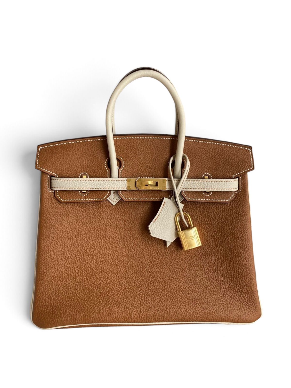 SWORD LUXURY marka, taba ve beyaz renkli, Togo deri Hermès Birkin 25cm çanta, altın donanımlı ve kutusunda.
