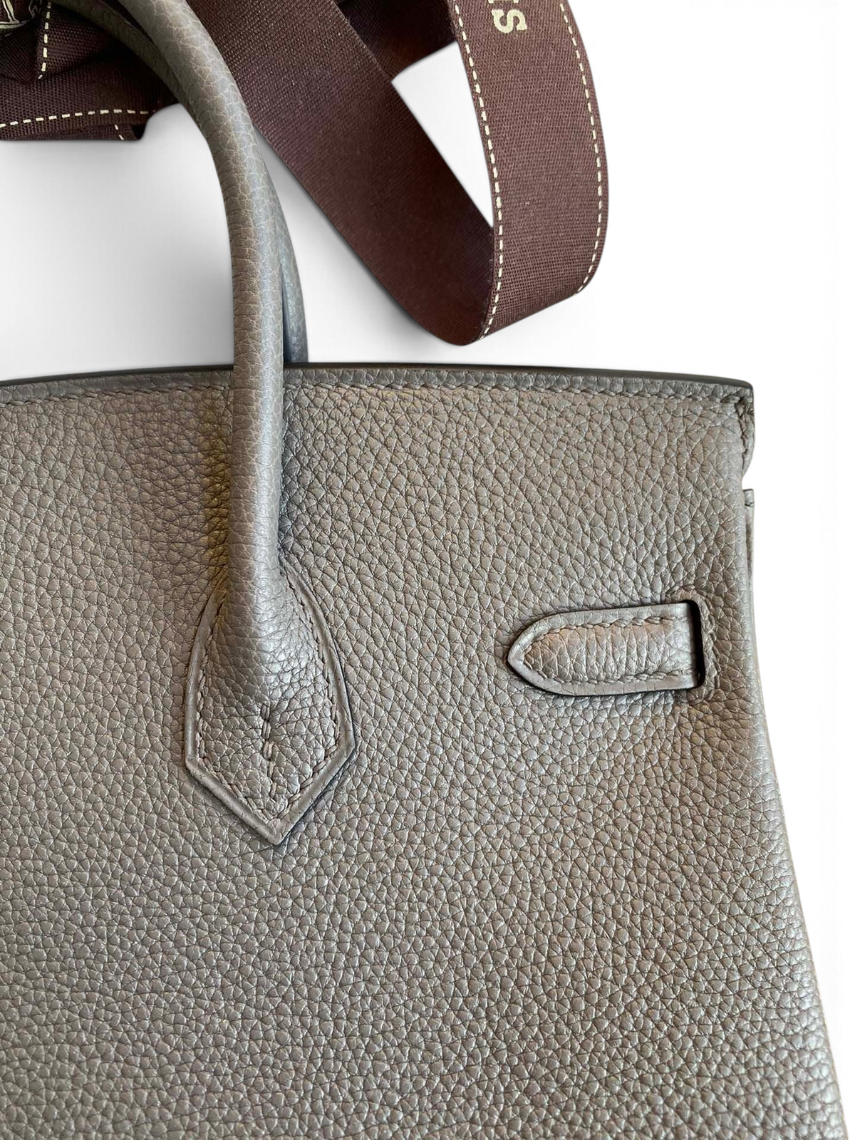 SWORD LUXURY marka gri Togo deri dokulu Hermès Birkin 25 cm çanta detayı