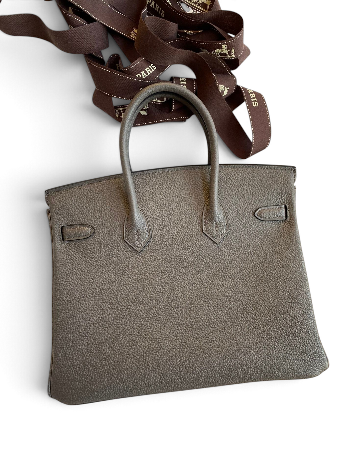 SWORD LUXURY gri renkli, dokulu Togo deri Hermès Birkin 25 cm çanta, kutusu ve kurdelesi ile birlikte.