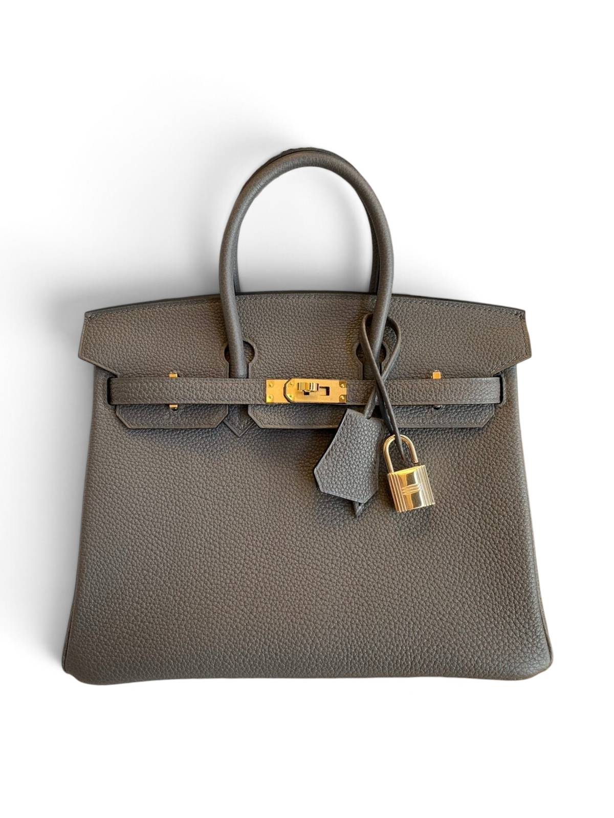 SWORD LUXURY gri renkli, Togo deriden üretilmiş, altın donanımlı ve kilitli 25 cm Hermès Birkin el çantası.