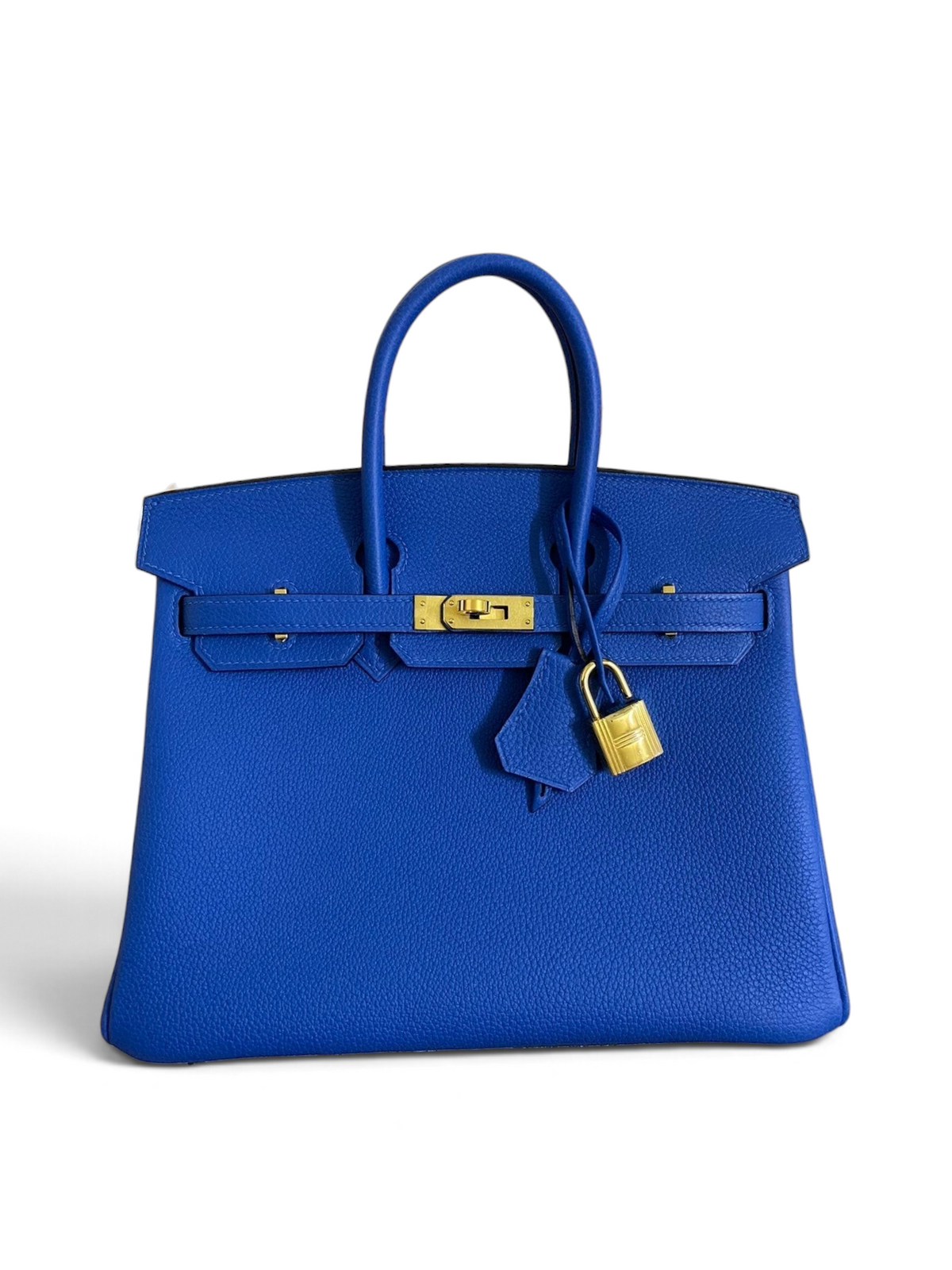 SWORD LUXURY marka, parlak mavi Togo deriden üretilmiş, altın donanımlı ve kilitli 25 cm Hermès Birkin çanta.