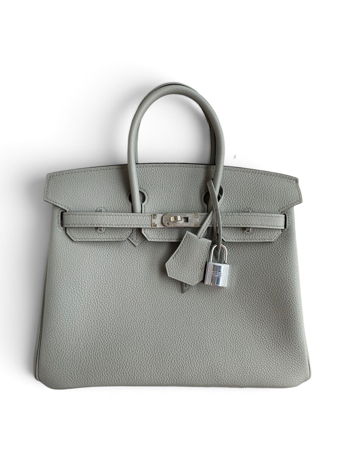 SWORD LUXURY marka, gri renkli, Togo deri dokulu, 25 cm boyutunda ikonik Hermès Birkin çanta ve kutusu.