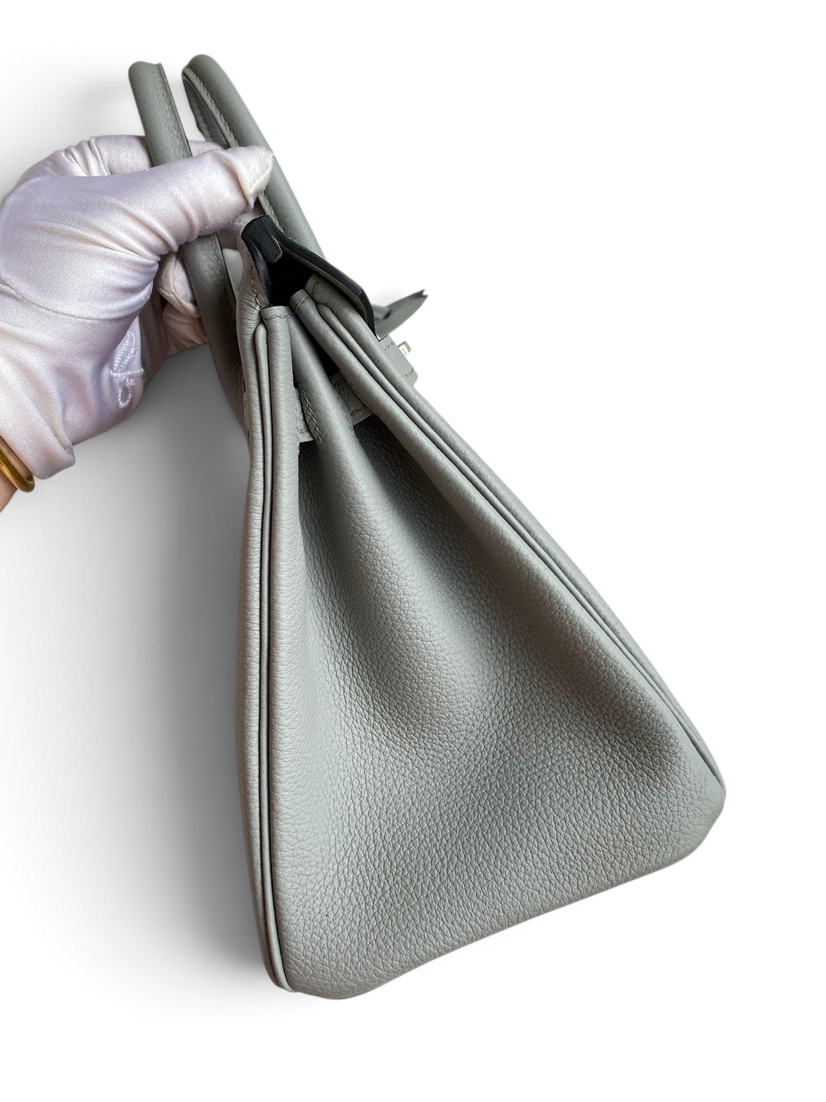SWORD LUXURY marka gri Togo deri Hermès Birkin 25cm çanta, yan profilden detaylı görünüm.