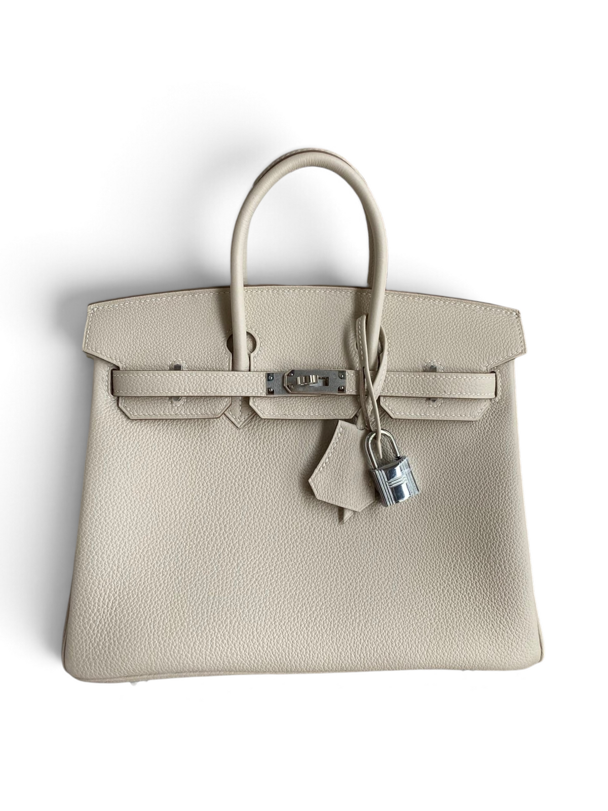 SWORD LUXURY marka, beyaz Togo deri Hermès Birkin 25cm çanta, kutusunda kilit ve anahtar detaylarıyla.