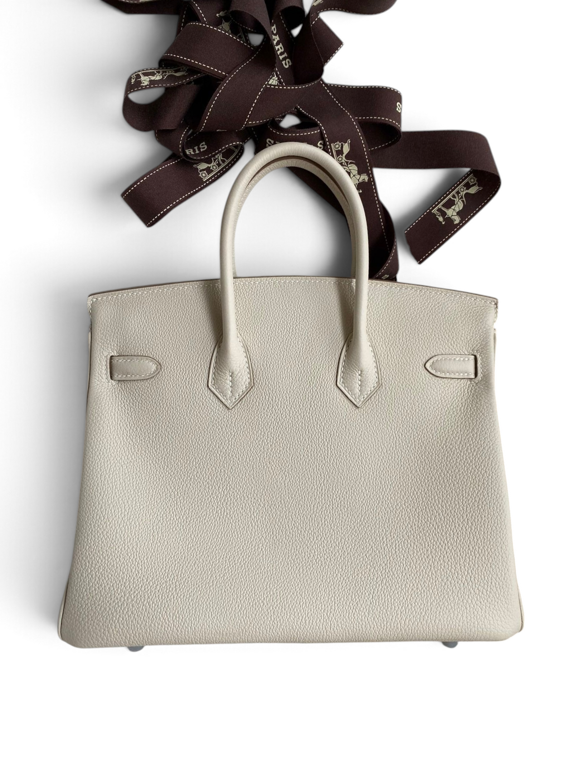SWORD LUXURY marka, beyaz Togo deri Hermès Birkin 25cm çanta, kutusu ve kurdelesi ile birlikte.