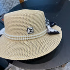 Woven Straw Hat with Pearl Band and Silk Bow Detail