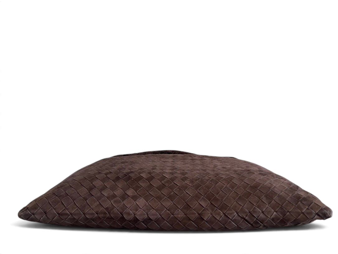 SWORD LUXURY marka, kahverengi, dokuma deri detaylı, geniş ve yumuşak dokulu hobo omuz çantası.