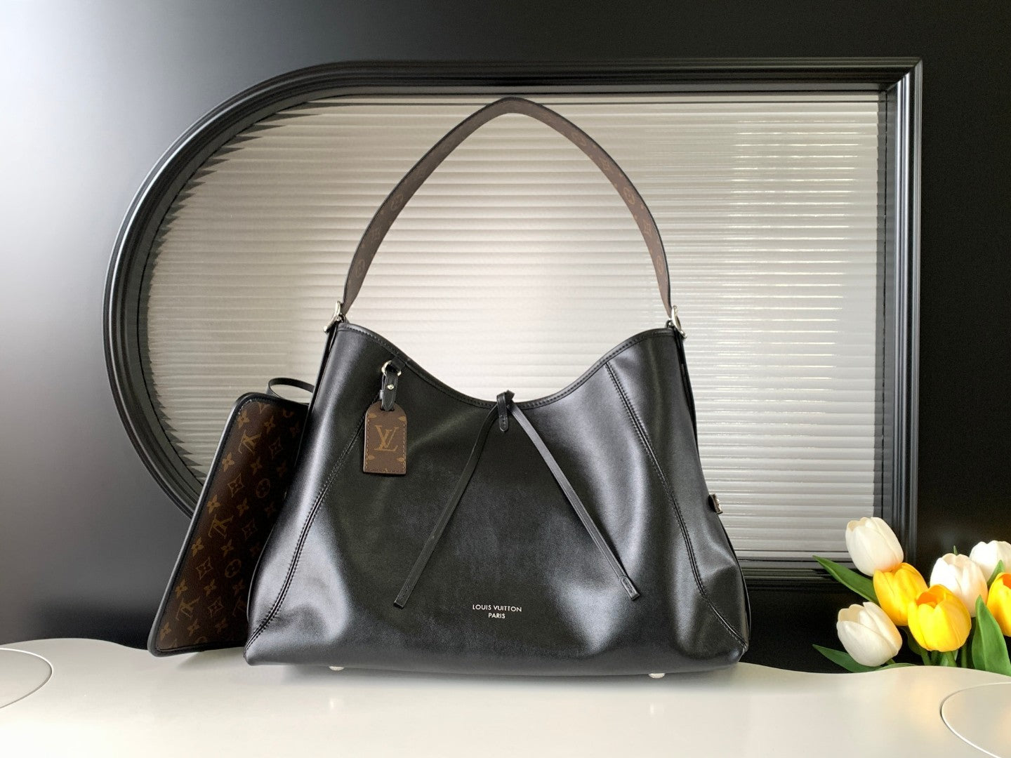 CarryAll Dark Shoulder Bag – Black Lambskin Leather & Monogram Pouch