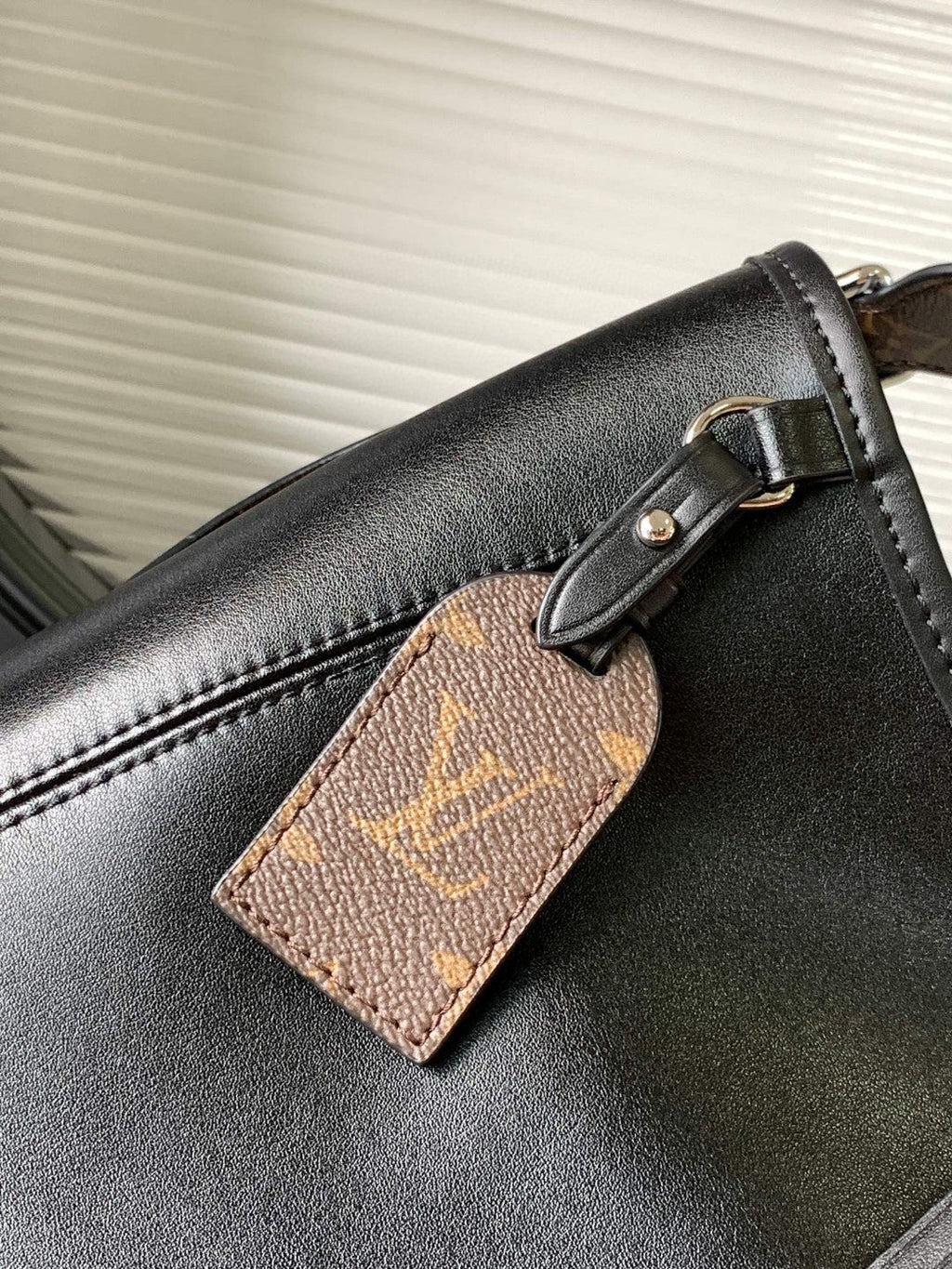 CarryAll Dark Shoulder Bag – Black Lambskin Leather & Monogram Pouch