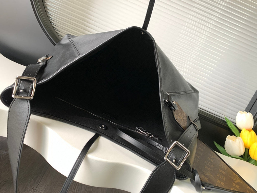 CarryAll Dark Shoulder Bag – Black Lambskin Leather & Monogram Pouch