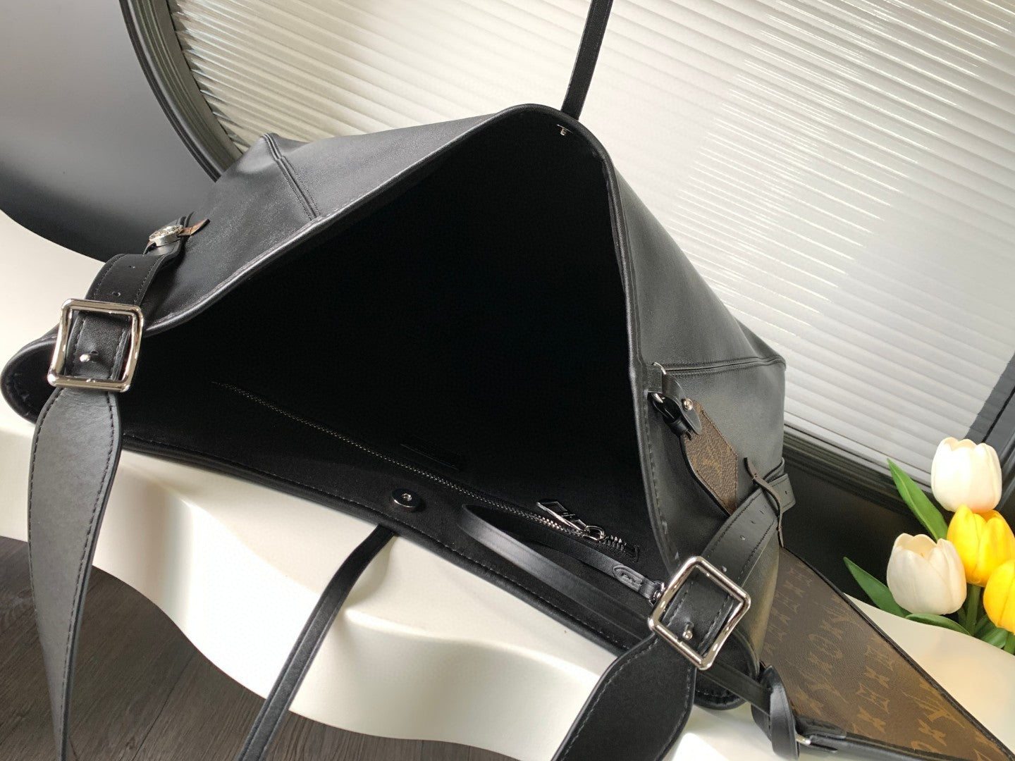 CarryAll Dark Shoulder Bag – Black Lambskin Leather & Monogram Pouch