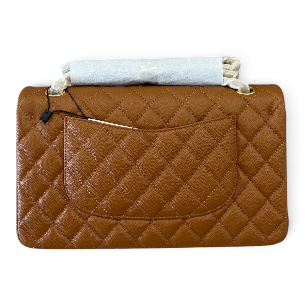 SWORD LUXURY taba rengi kapitone desenli caviar deri Chanel Classic Double Flap çanta arka görünümü