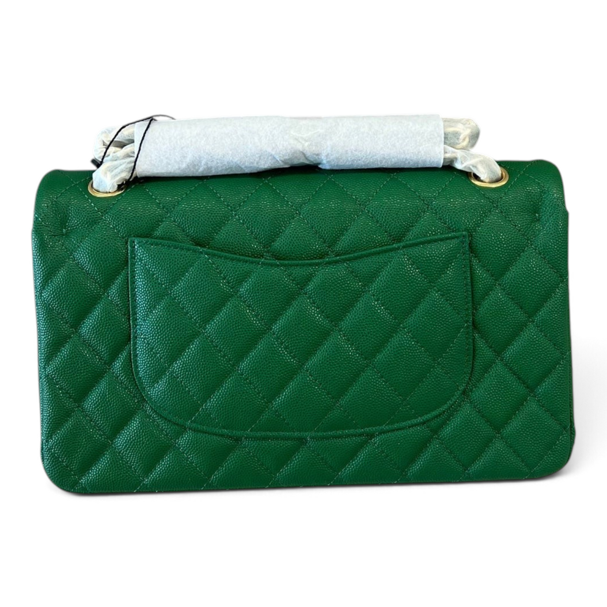 SWORD LUXURY yeşil kapitone caviar deri klasik double flap çanta, arka cep detaylı