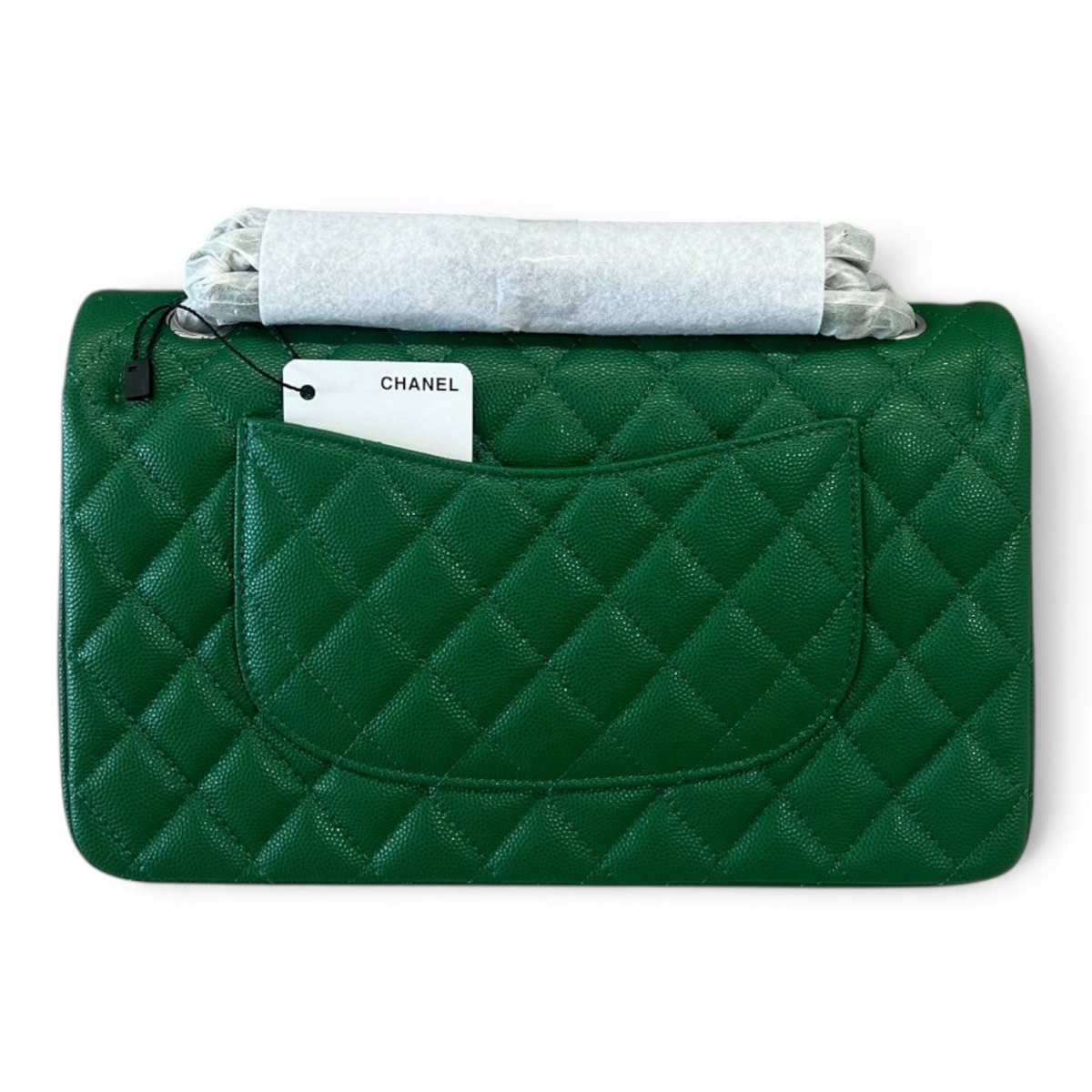 SWORD LUXURY yeşil kapitone caviar deri Chanel Classic Double Flap çanta arka görünümü