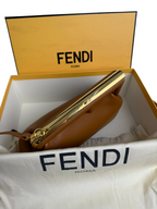 SWORD LUXURY Fendi First Small kahverengi deri çanta, altın tonlu metal çerçeve ve kutusu ile birlikte.