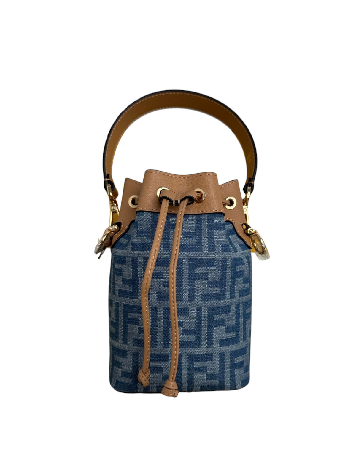 SWORD LUXURY Fendi Mon Tresor kova çanta, mavi monogram kanvas ve taba rengi deri detaylı, altın donanımlı.
