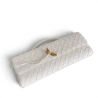 SWORD LUXURY beyaz deri örgülü Andiamo clutch çanta, altın tonlu düğüm detaylı ve zarif üst saplı tasarım.