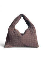 SWORD LUXURY marka, kahverengi, yumuşak dokulu, el örgüsü deri detaylı orta boy hobo omuz çantası.