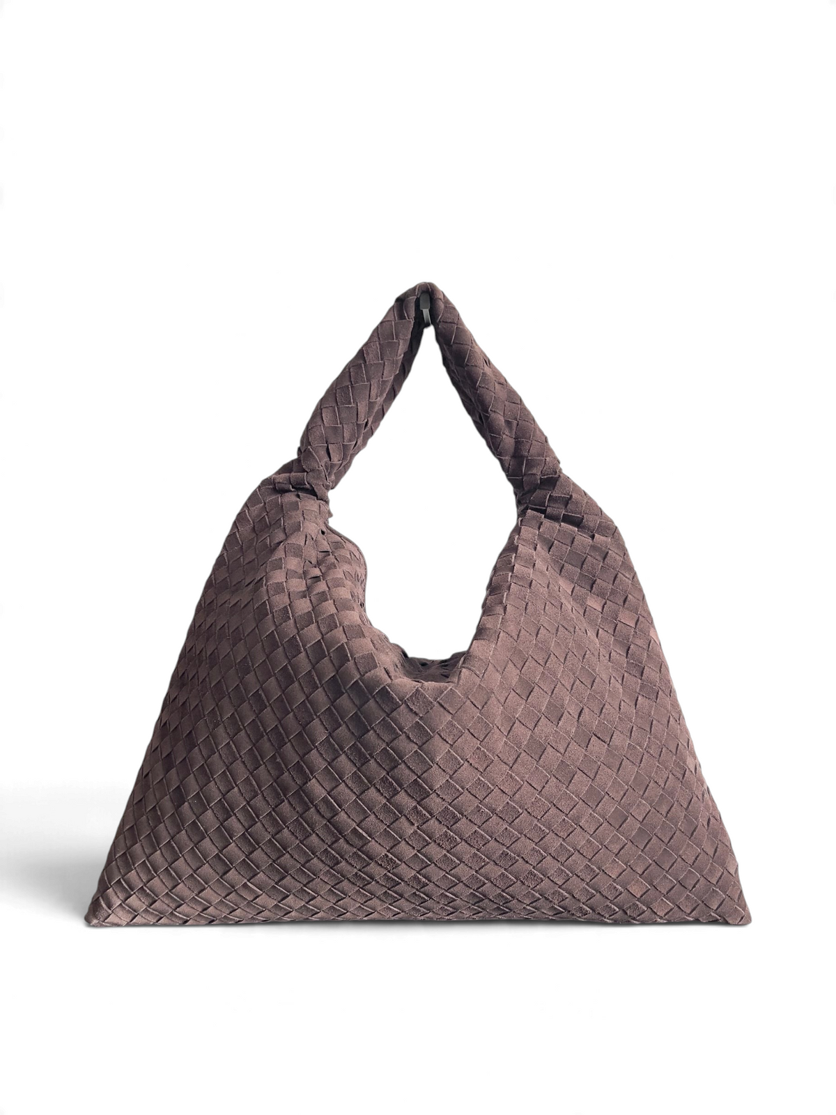 SWORD LUXURY marka, kahverengi, el örgüsü deri detaylı, geniş ve yumuşak dokulu hobo omuz çantası.