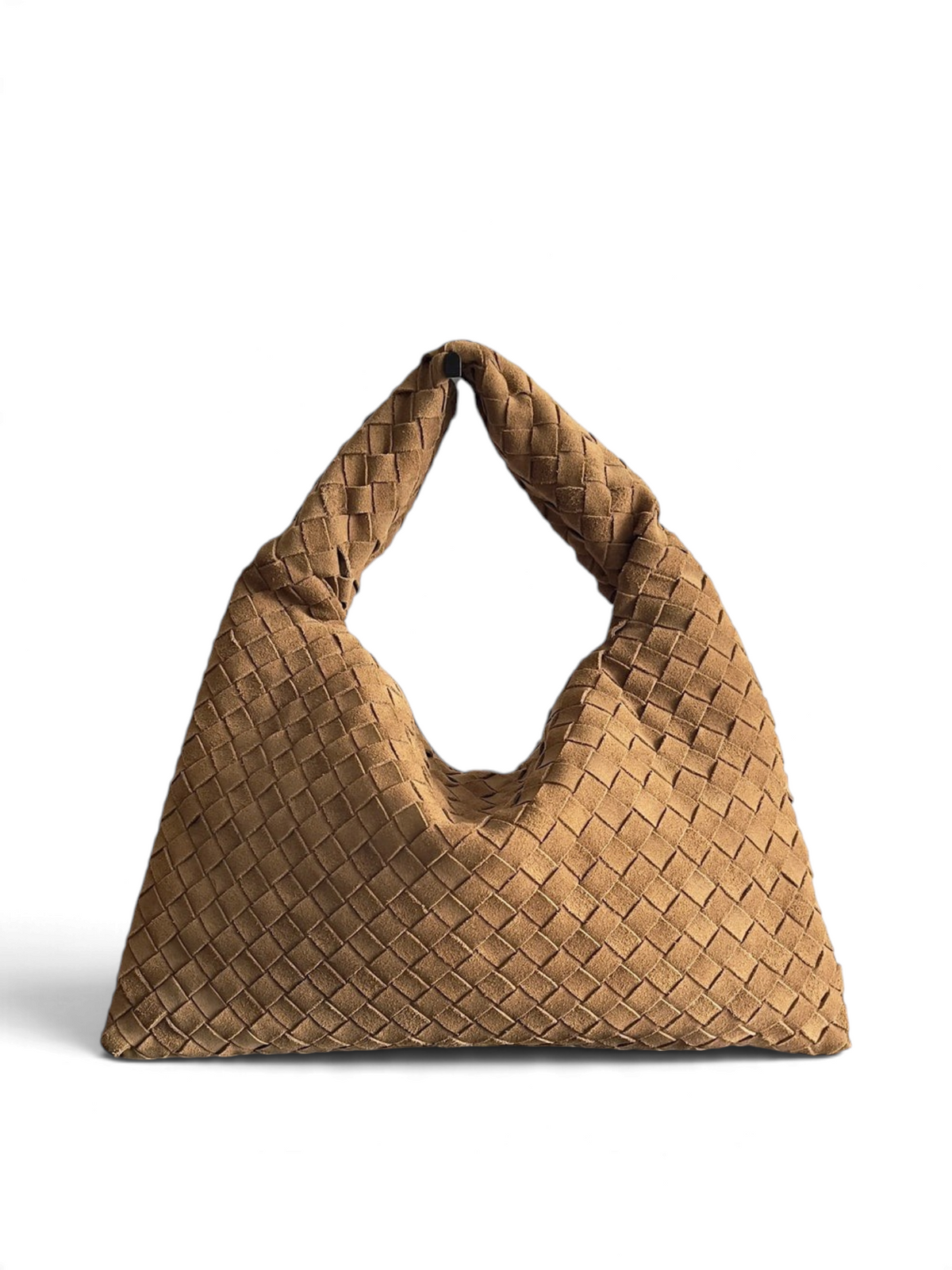 SWORD LUXURY taba rengi, yumuşak dokulu, el örgüsü deri detaylı orta boy hobo omuz çantası.