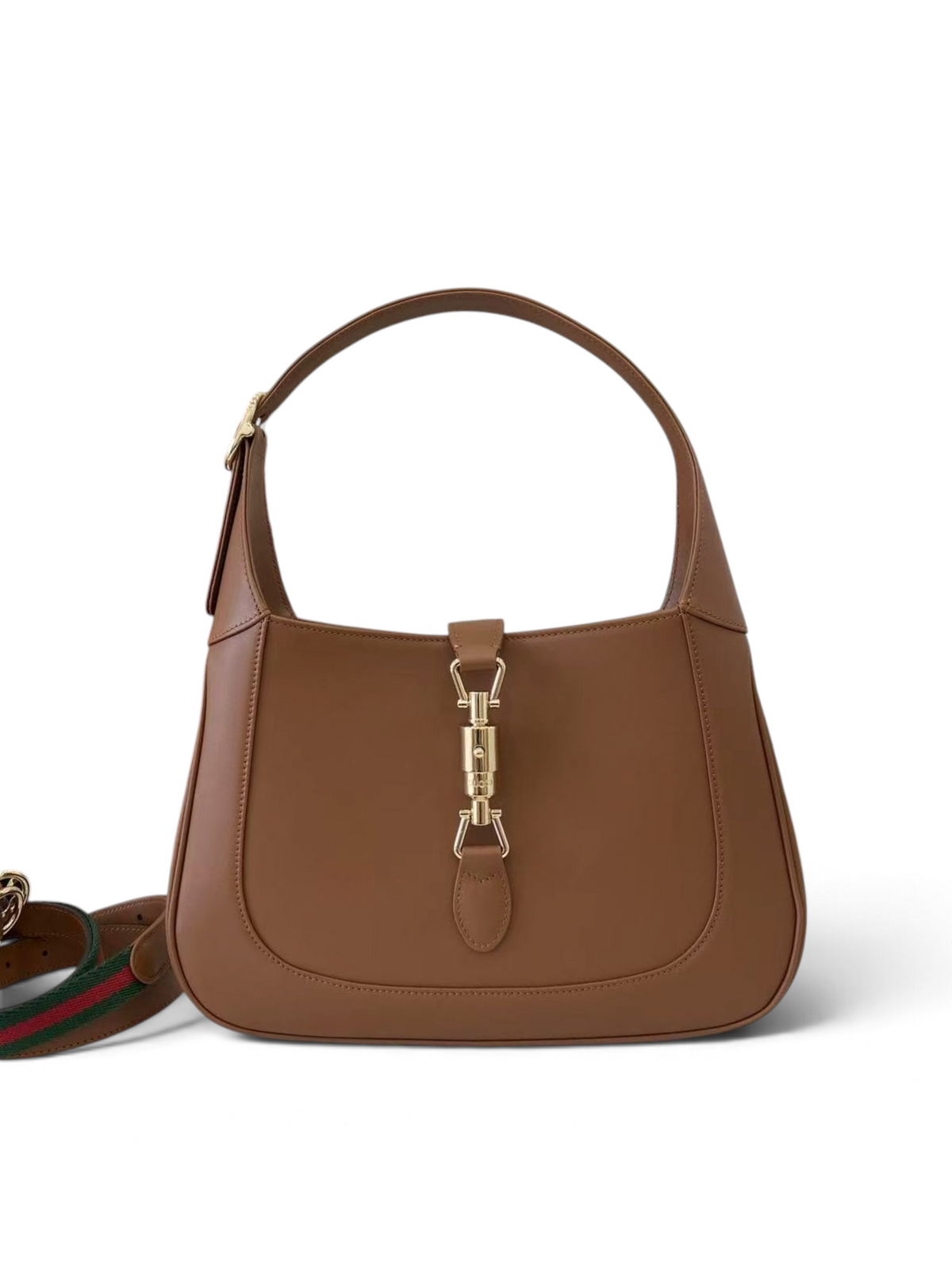 SWORD LUXURY Gucci Jackie 1961 küçük boy kahverengi deri hobo çanta, ikonik piston kilit detayı ile.