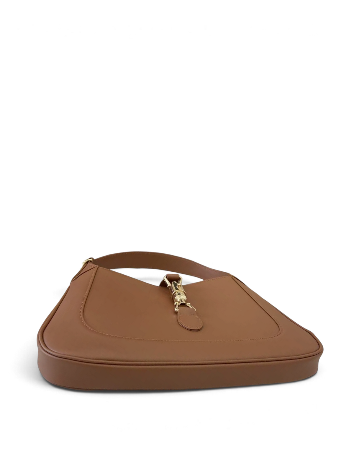 SWORD LUXURY imzalı, pürüzsüz kahverengi deriden üretilmiş, ikonik piston kilitli Gucci Jackie 1961 küçük hobo çanta.