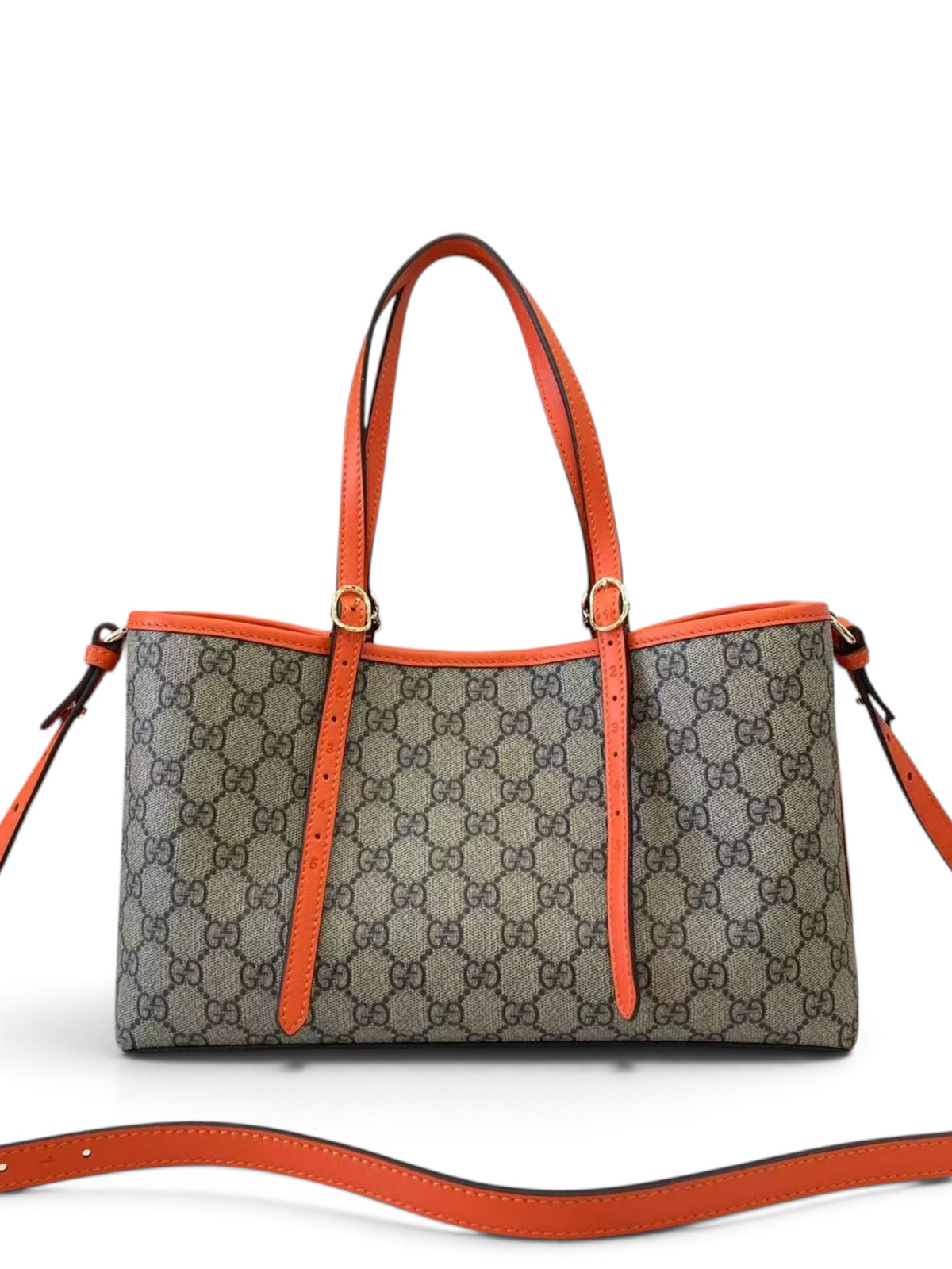 SWORD LUXURY GG Supreme kanvas tote çanta, canlı turuncu deri detaylar, çift sap ve ayarlanabilir omuz askısı ile.