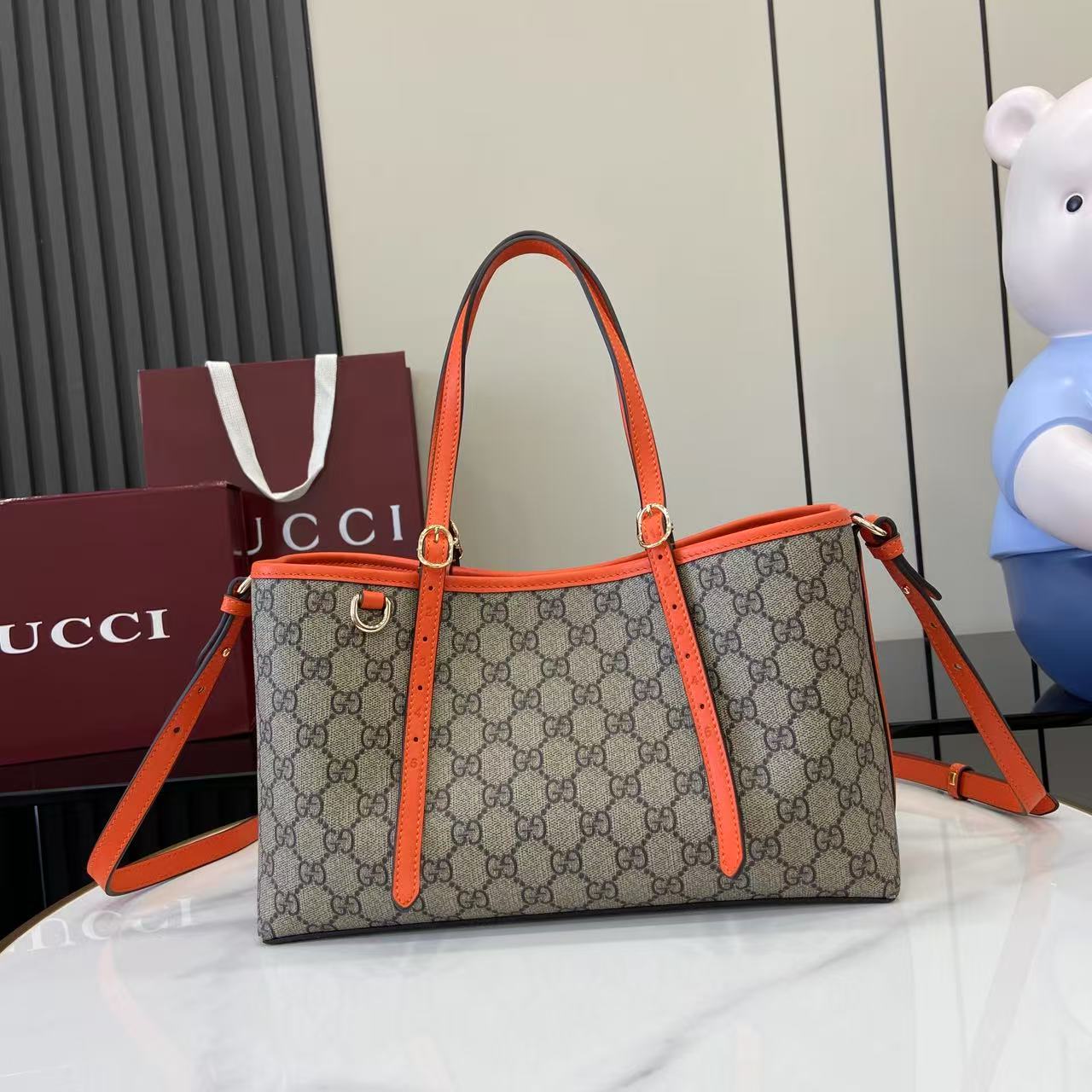 GG Emblem Canvas Tote Bag with Orange Leather Trim