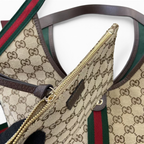 SWORD LUXURY Gucci Giglio GG Supreme kanvas tote çanta, yeşil-kırmızı web şeridi ve fermuarlı çıkarılabilir iç çanta.