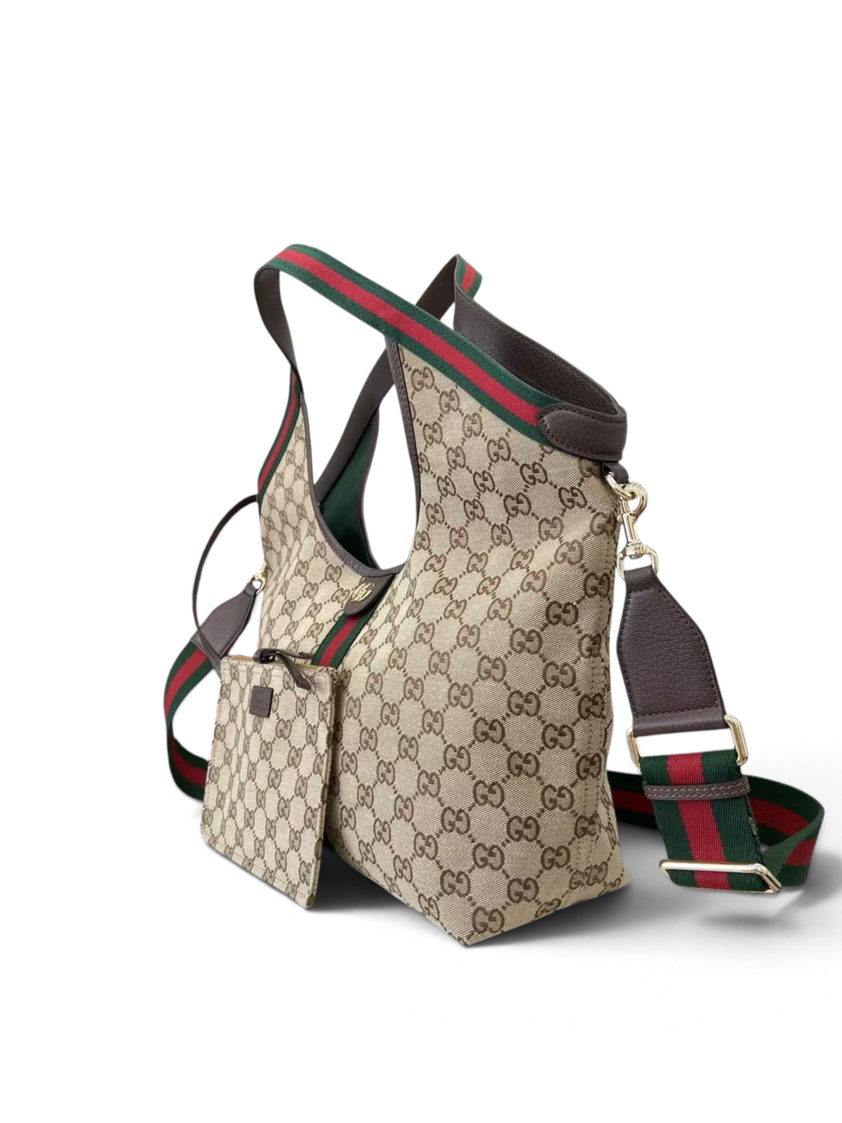 SWORD LUXURY Gucci Giglio GG Supreme kanvas tote çanta, yeşil-kırmızı web şeritli ve çıkarılabilir küçük çantalı.