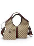 SWORD LUXURY Gucci Giglio GG Supreme kanvas tote çanta, ikonik yeşil-kırmızı web şeridi ve çıkarılabilir küçük çantası.