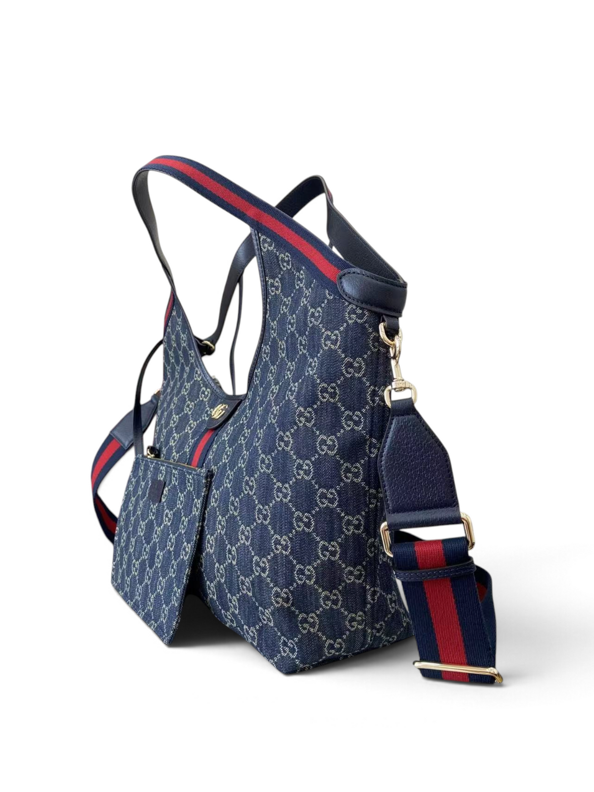 SWORD LUXURY Gucci Giglio GG Supreme kanvas tote çanta, kırmızı-yeşil şeritli ve çıkarılabilir küçük çantalı yan görünüm
