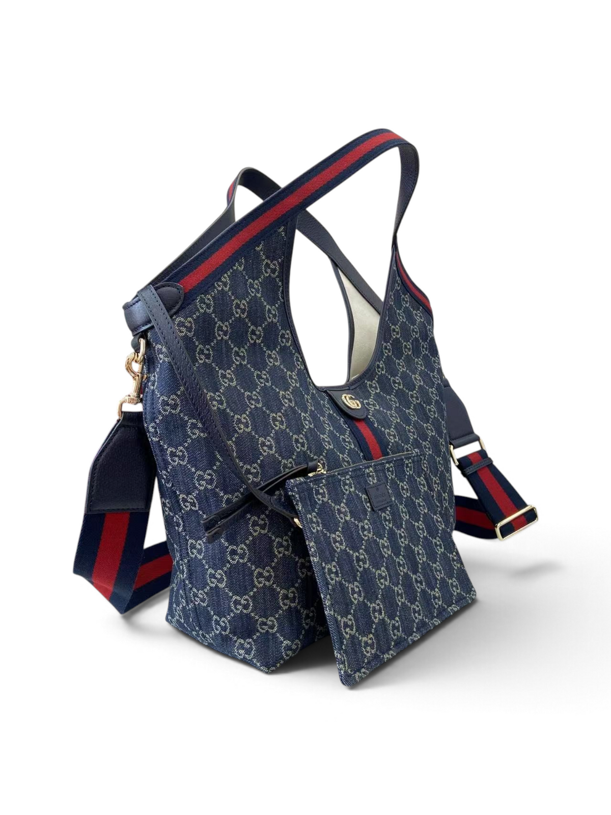 SWORD LUXURY Gucci Giglio GG Supreme kanvas tote çanta, ikonik web şeritli ve çıkarılabilir küçük çantalı tasarım.