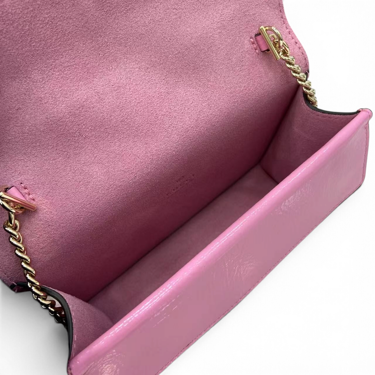 SWORD LUXURY Dionysus Super Mini çanta, pembe deri iç astarı ve altın tonlu zincir askısı ile detaylı görünüm.