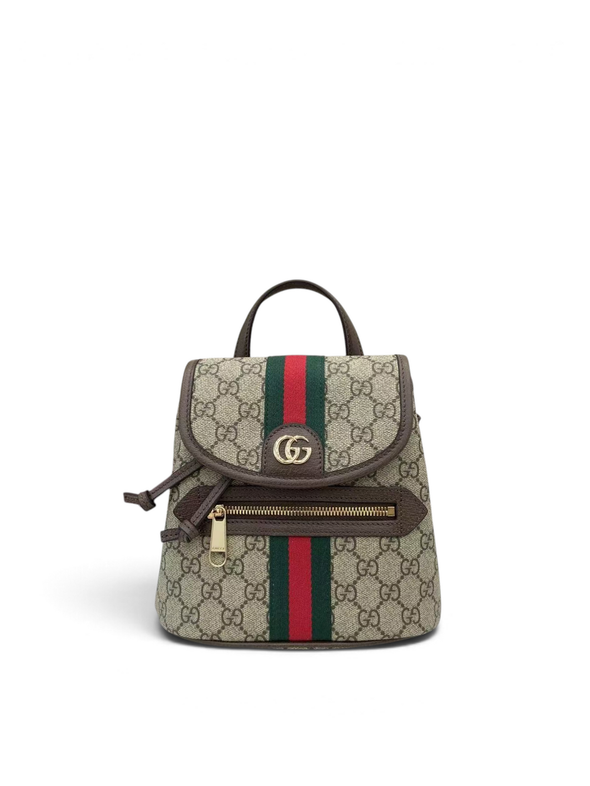 SWORD LUXURY Gucci Ophidia Mini GG Supreme kanvas sırt çantası, yeşil-kırmızı web şeridi ve altın tonlu GG logosu ile.