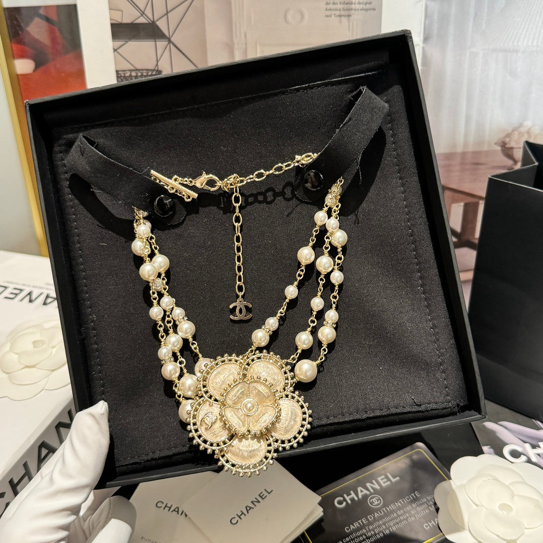 Multi-Strand Pearl Floral CC Necklace